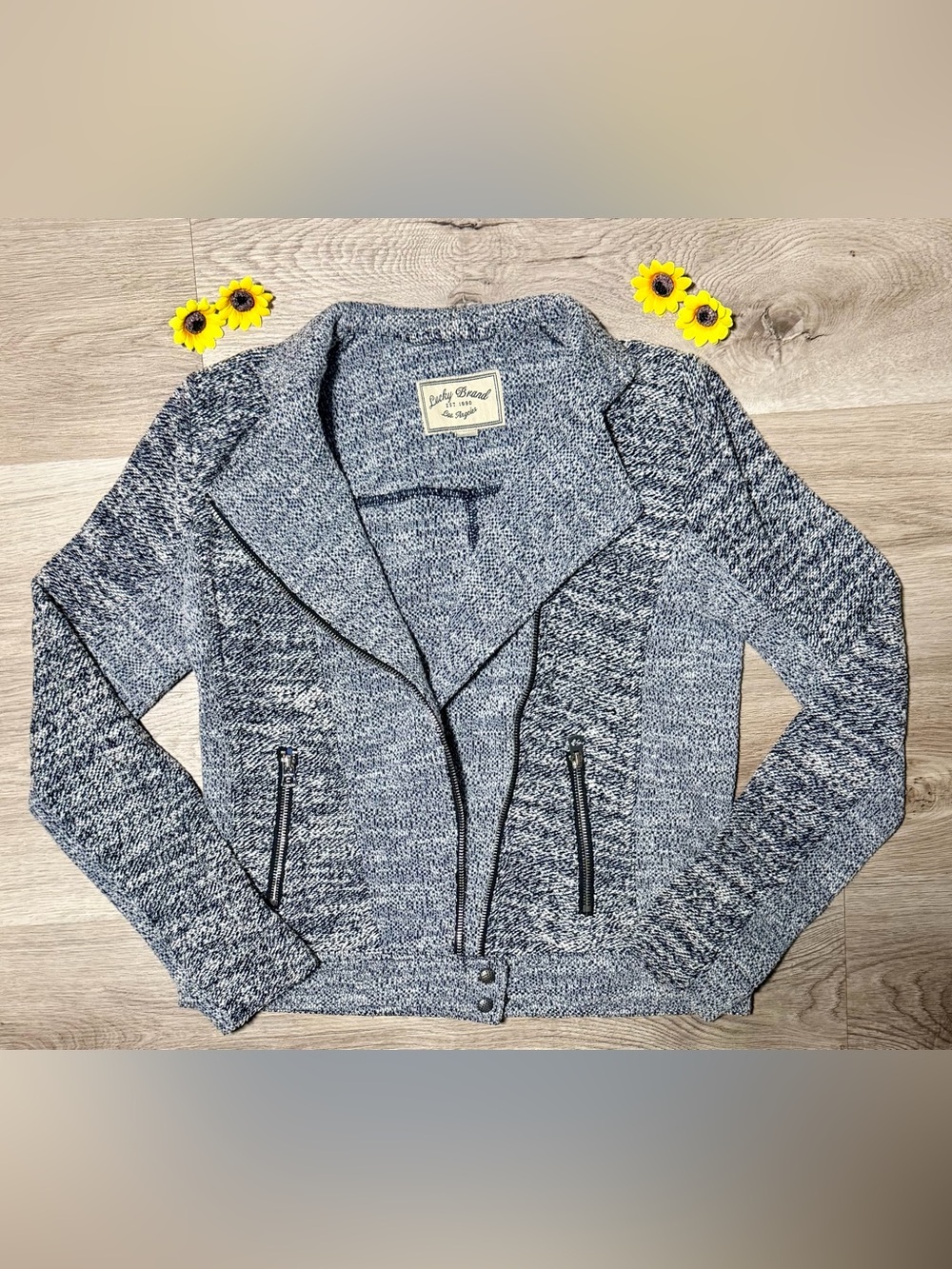 Lucky Brand Marled Knit Moto Jacket Grey Black Asymmetrical Zip